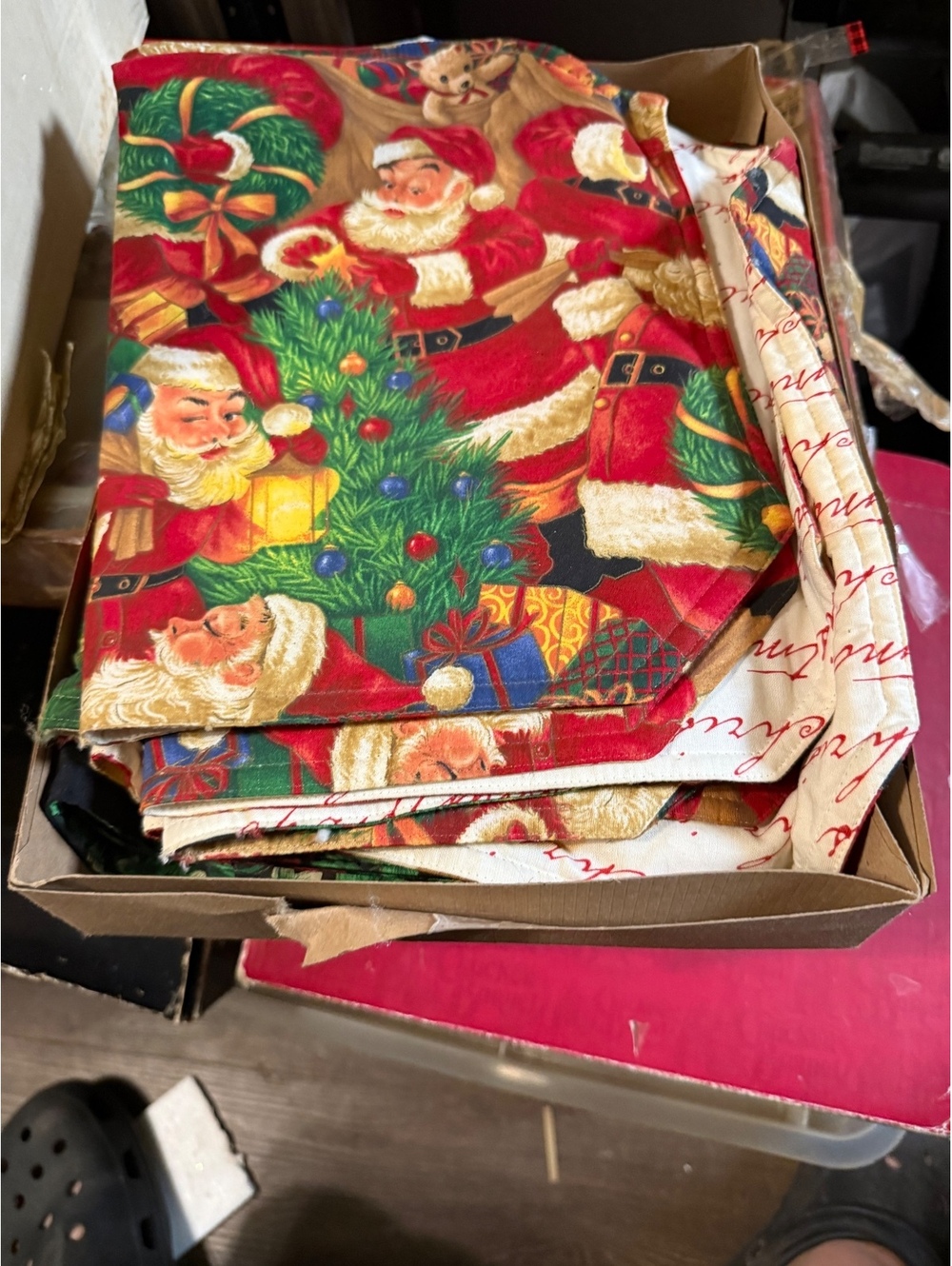 Set of 5 Christmas Themed Table Runners with Santa, Script, and Poinsettia Motif